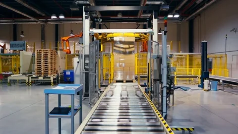 Palletizing robot wraps stretch Stock Footage 74286563