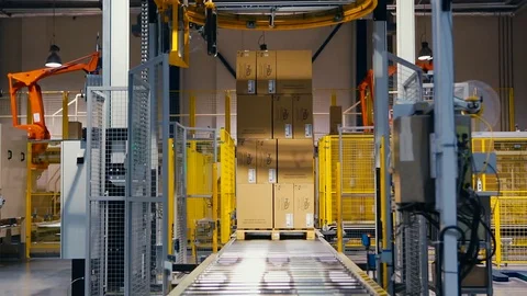 Palletizing robot wraps stretch Stock Footage 74288438
