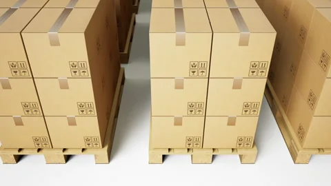 Pallets and boxes with goods arranged in row on white background. 動画素材 112854773
