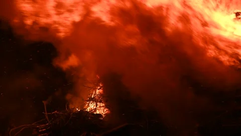 Pallets and branches burning in the dark night Stock Footage 189828084