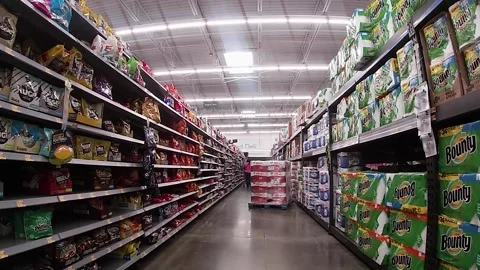 Pallets blocking the path on the paper goods aisle Walmart retail store inter Stock Footage 157931606