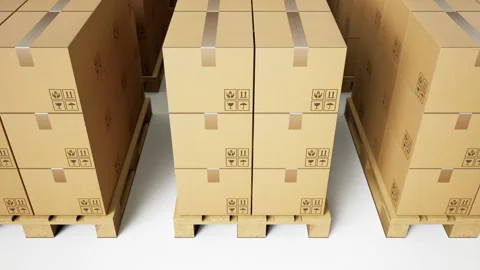 Pallets with cardboard boxes with goods arranged in row. 動画素材 112472939