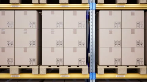 Pallets with cardboard boxes in modern warehouse interior. 動画素材 105165113
