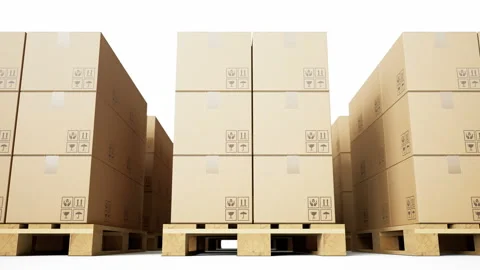Pallets with cardboard boxes staked on row. 60 fps loopable animation. 動画素材 112683403