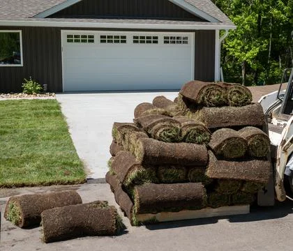 Pallets with rolls of fresh sod grass for installation and trimmed pieces. Stock Photos