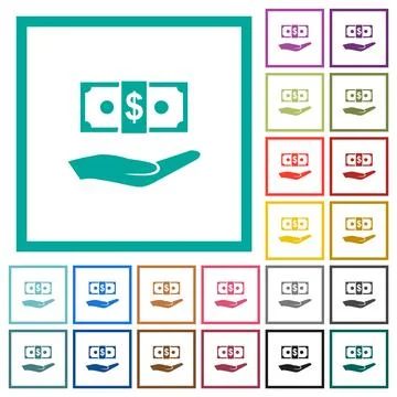 Palm and dollar banknote flat color icons with quadrant frames Stock Illustration