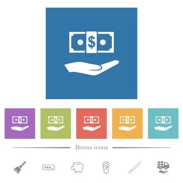 Palm and dollar banknote flat white icons in square backgrounds Stock Illustration