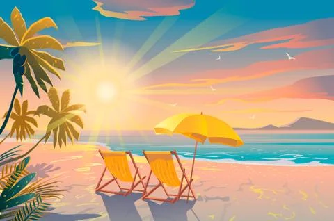 Palm and tropical beach. Chairs on the sandy beach near the sea. Summer holiday Stock Illustration