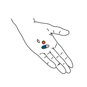 On the palm are multi-colored capsules, a sketch Stock Illustration