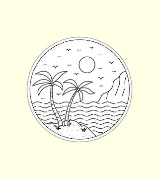 Palm on the beach with cliffs in mono line art, patch badge t-shirt design Stock Illustration