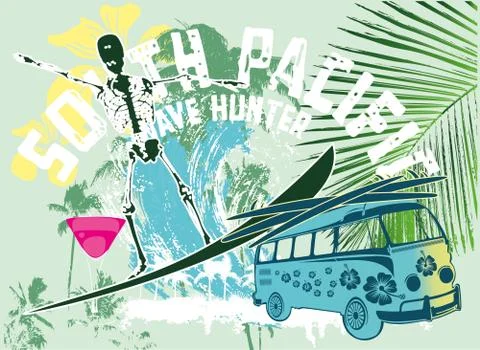 Palm beach skull surfer vector art Stock Illustration