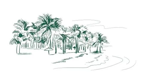 Palm beach vector sketch landscape line illustration skyline Stock Illustration