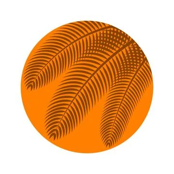 Palm branches. Flat icon with long shadow on orange round background. Flat .. Stock Illustration