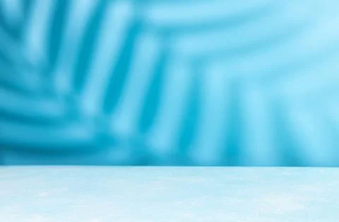 Palm coconut leaf shadow on table top and blue wall background. Stock Photos