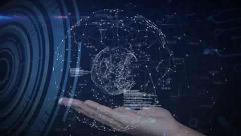 Palm entering frame, holographic wireframe sphere forming and rotating above Stock Footage 335739693