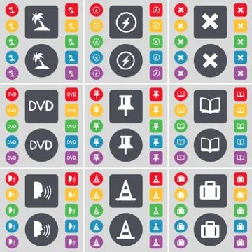 Palm, Flash, Stop, DVD, Pin, Book, Talk, Cone, Suitcase icon symbol. A large set Illustration