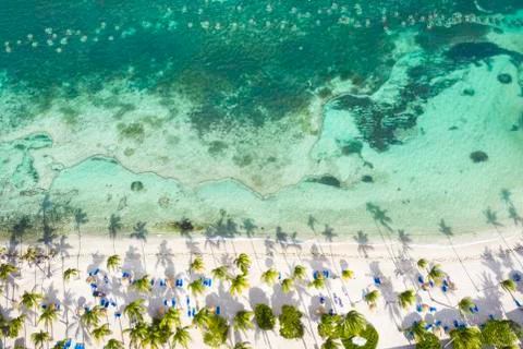 Palm-fringed beach washed by Caribbean Sea from above by drone, St. James Bay, Stock Photos