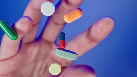 Palm grabs pills from the table Stock Footage 267421479