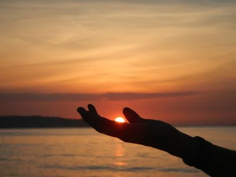 Palm of the hand in the sunset Stock Photos