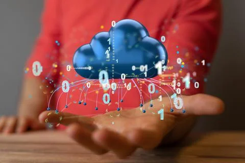 A palm holding a cloud with digital lines and numbers- the concept of data cl Stock Photos