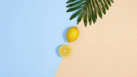 Palm leaf and sliced lemons appear on blue and sandy background. stop motion Video stock 151935415