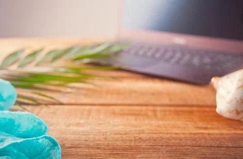 Palm leaf, laptop, shell on a old wooden background, marine theme, online wor Stock Photos