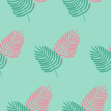 Palm leaf seamless pattern, carved tropical leaf pink green, vector 스톡 일러스트