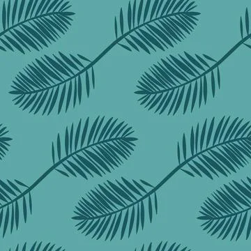 Palm leaf seamless pattern, carved tropical leaf blue green, vector Stock Illustration