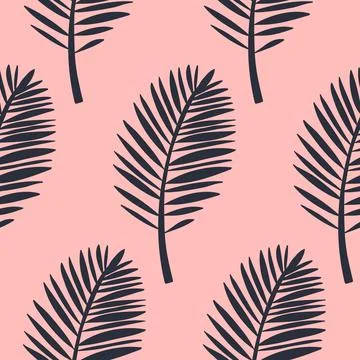 Palm leaf seamless pattern, carved pink gray tropical leaf, vector Stock Illustration