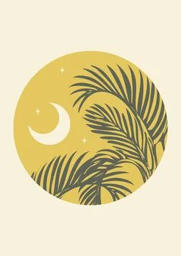 Palm leaf in the starry sky wall art illustration poster Stock Illustration