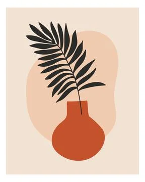 Palm leaf in a vase boho interior wall art. Minimal abstract print poster Stock Illustration