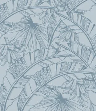 Palm leaves and bananas pattern tropic vector line art. Summer poster exotic  Illustrazione stock