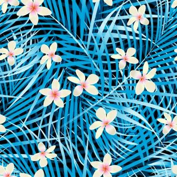 Palm leaves blue seamless pattern with frangipani flowers Stock Illustration