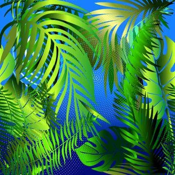 Palm leaves decorative seamless pattern. Vector blue abstract  background. Tr Stock Illustration