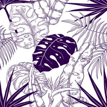 Palm leaves seamless pattern. Plant vintage wallpaper, floral line print texture Illustrazione stock