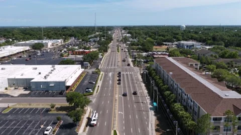 Palm-lined boulevard carries steady traffic through commercial district 動画素材 339074101