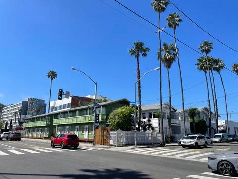 Palm-lined city intersection with low-rise apartments Stock Photos