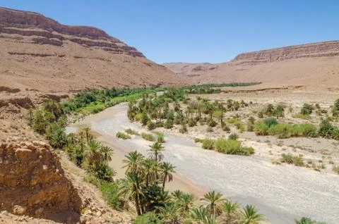 Palm lined dry river bed with red orange mountains near Tiznit in Morocco, North Stock Photos