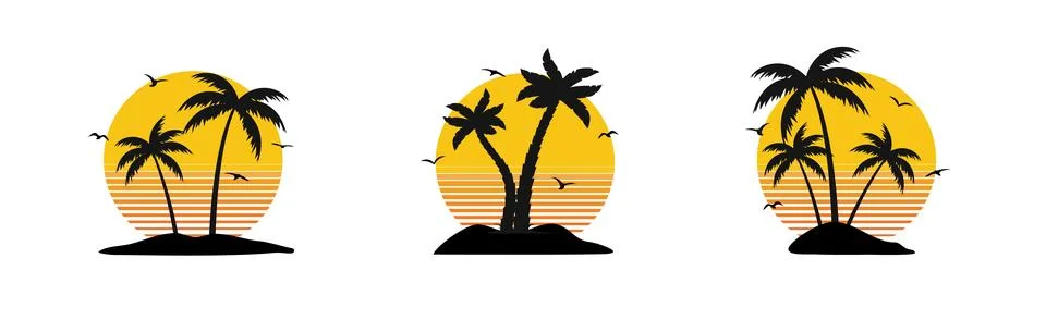 Palm logo sunset beach vector icon. Sunrise island sea tropical water sunset Stock Illustration