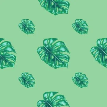 Palm Monstera Seamless Pattern. Blue Black Tropical Summer Background. Stock Illustration