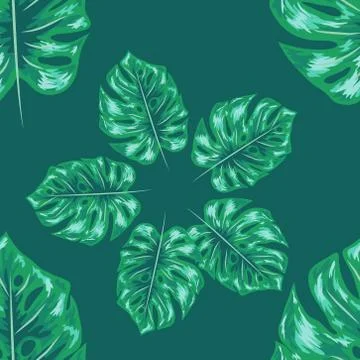 Palm Monstera Seamless Pattern. Blue Black Tropical Summer Background. 스톡 일러스트