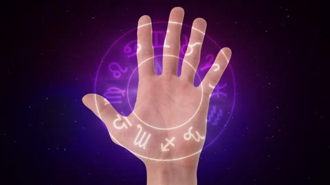 A palm with a palmistry scanner on a background of space Stockbeeldmateriaal 246937733
