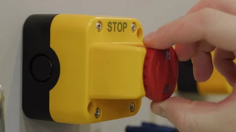 Palm pressing red stop button, hand reset emergency signal Stock Footage 105077678