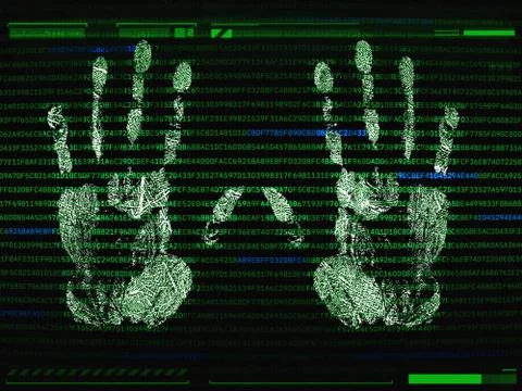 Palm print recognition and access concept. Security software by biometric dat Stock Illustration