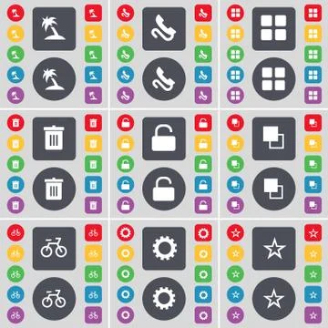 Palm, Receiver, Apps, Trash can, Lock, Copy, Bicycle, Gear, Star icon symbol. A Stock-Illustration