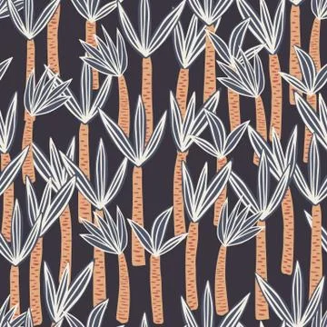 Palm seamless pattern in doodle style on black background. Endless print text Stock Illustration