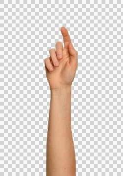 Palm-side view of a hand tapping an invisible screen. Right arm raised with.. 库存照片