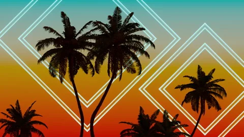 Palm silhouettes glow inside neon diamonds in a seamless loop Stock Footage 335019942