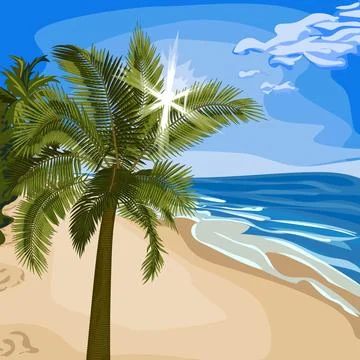 Palm with sun rays through foliage on beach.  Stock Illustration