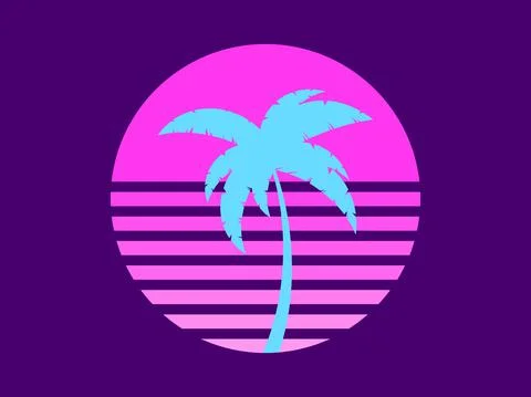 Palm tree in 80s style at sunset. Summer time. Blue palm against the backgrou Illustrazione stock